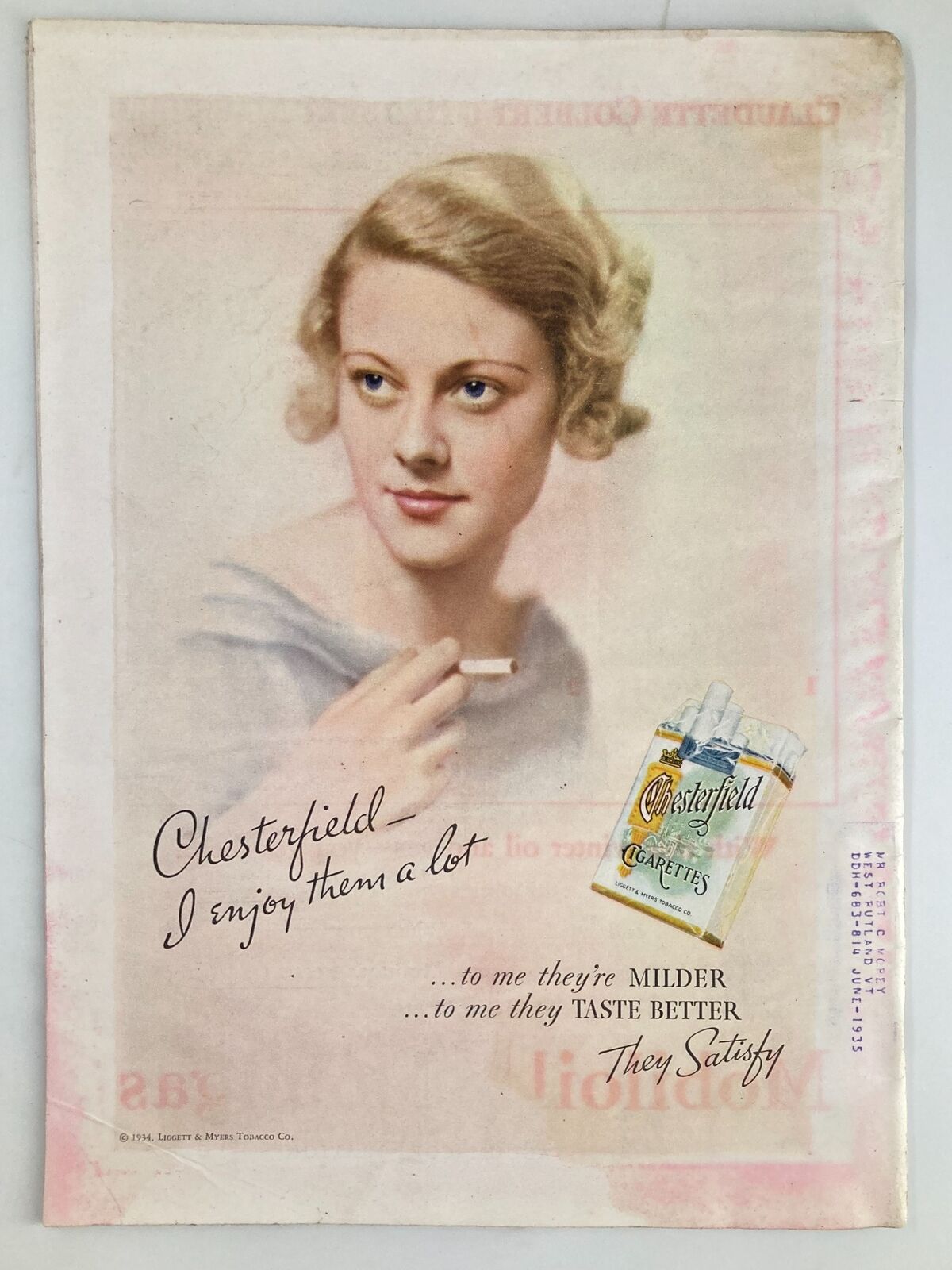 Back cover of VTG Time Magazine January 22 1934 Vol 23 No. 4 featuring a vintage advertisement for Chesterfield cigarettes, depicting a woman holding a cigarette with promotional text.