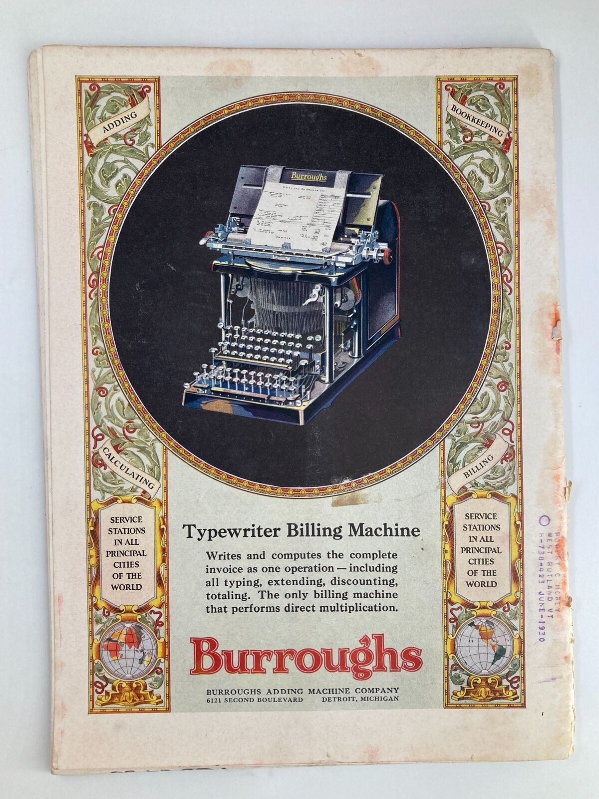 Back cover of the Vintage Time Magazine February 24, 1930 featuring an advertisement for Burroughs Typewriter Billing Machine. The design showcases intricate patterns and vintage advertising elements.