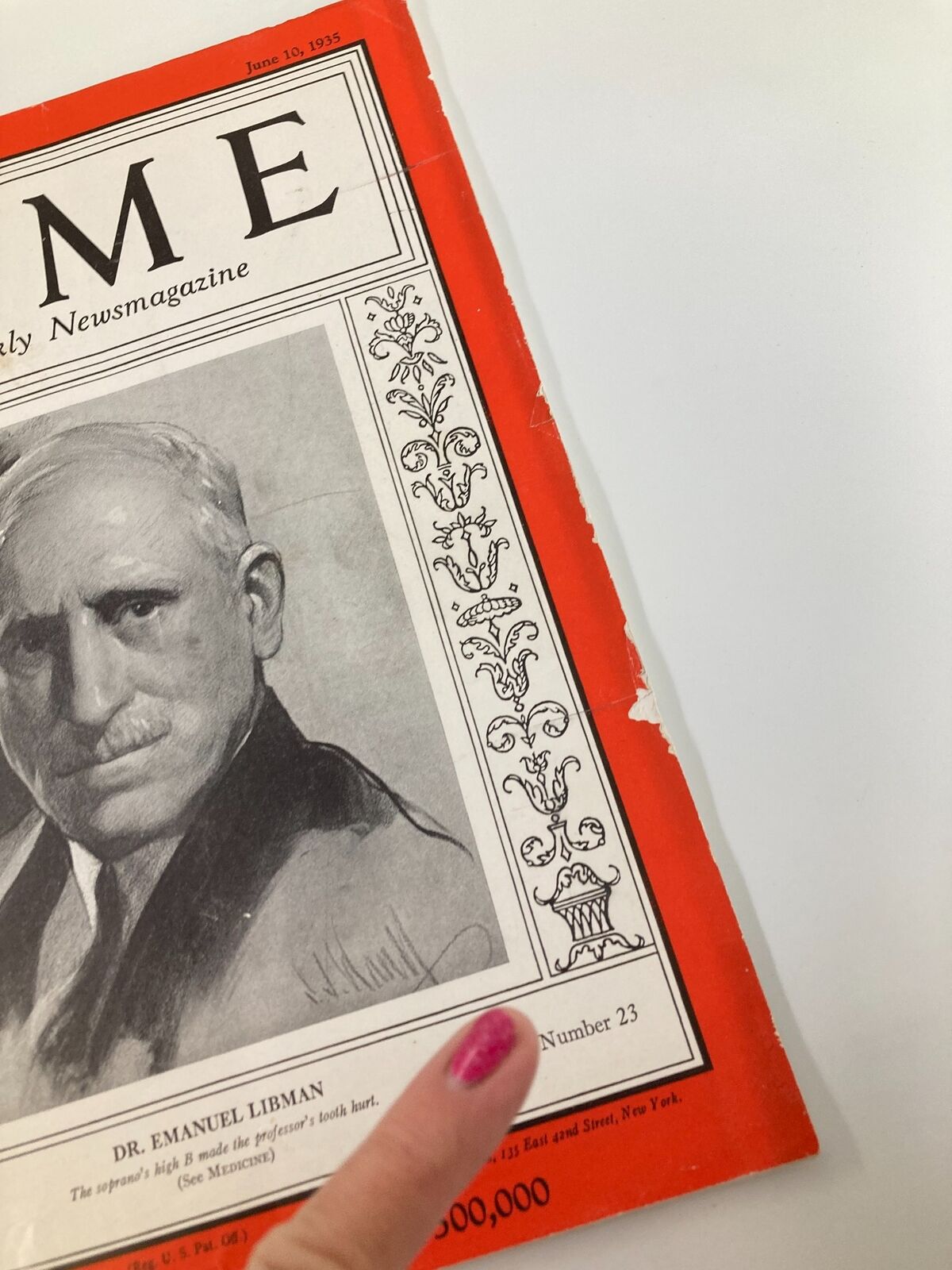 Close-up of the Vintage Time Magazine June 10, 1935 cover, showing Dr. Emanuel Libman and the top section of the magazine with date and volume information.