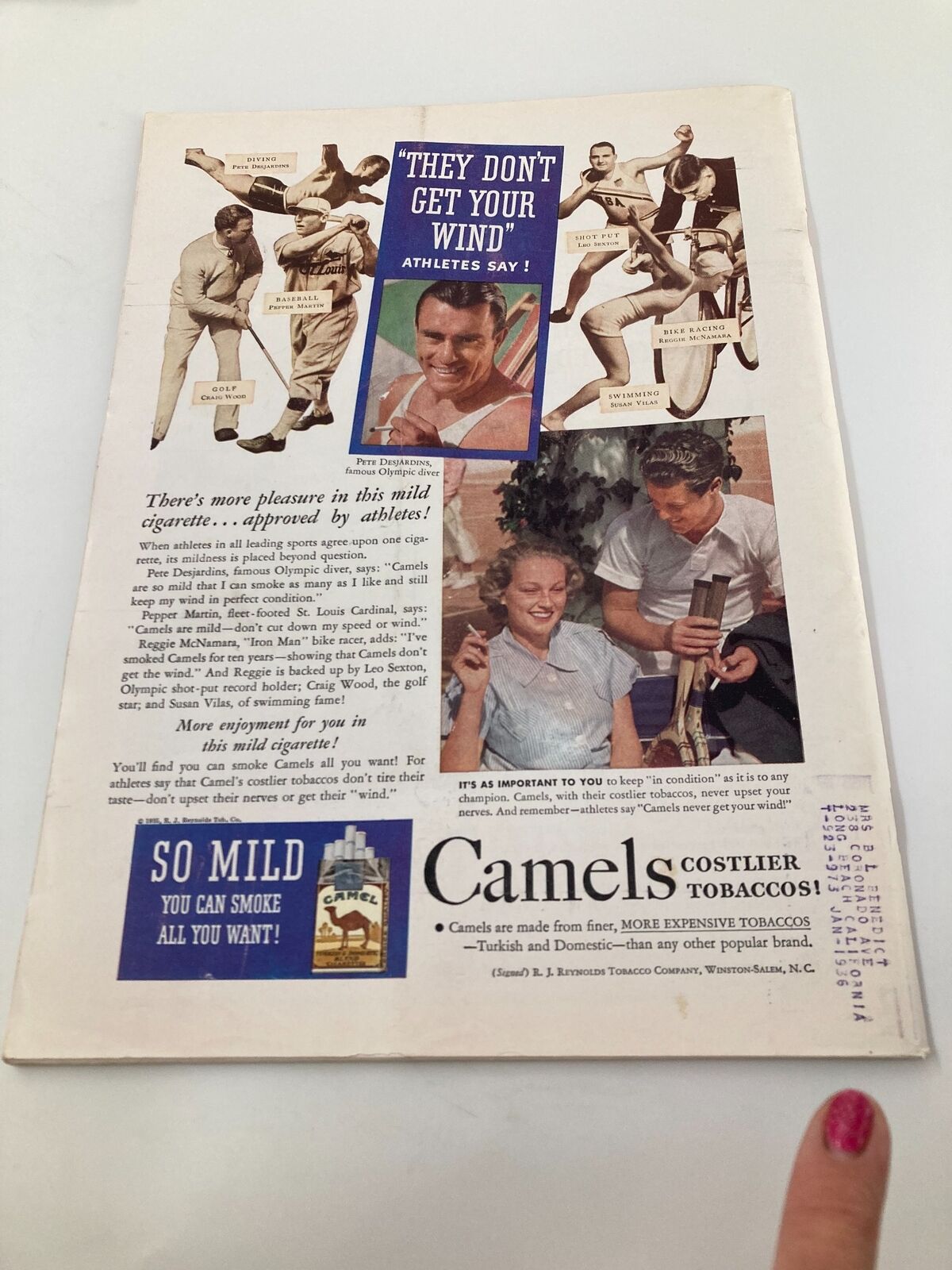 Back cover of the Vintage Time Magazine June 10, 1935, displaying advertisements for Camel cigarettes featuring athletes, with insights on maintaining physical condition.