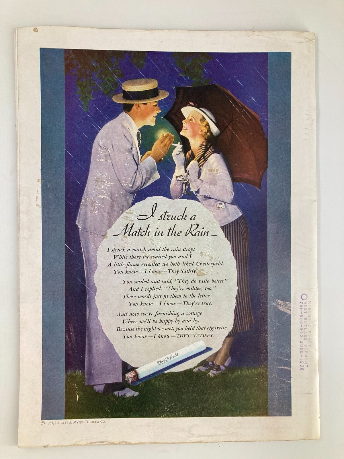 Back cover of VTG Time Magazine June 3 1935 featuring an old advertisement for Chesterfield cigarettes with a romantic illustration of a couple in the rain.