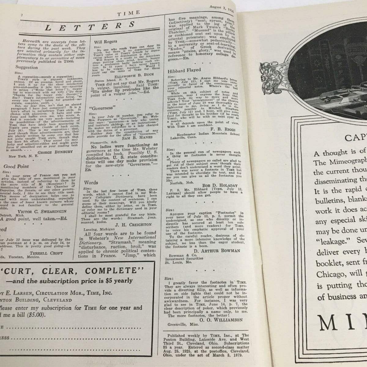 Interior pages of VTG Time Magazine August 2, 1926, Vol VIII No. 5 showing letters to the editor, providing insights into the cultural landscape of the time.
