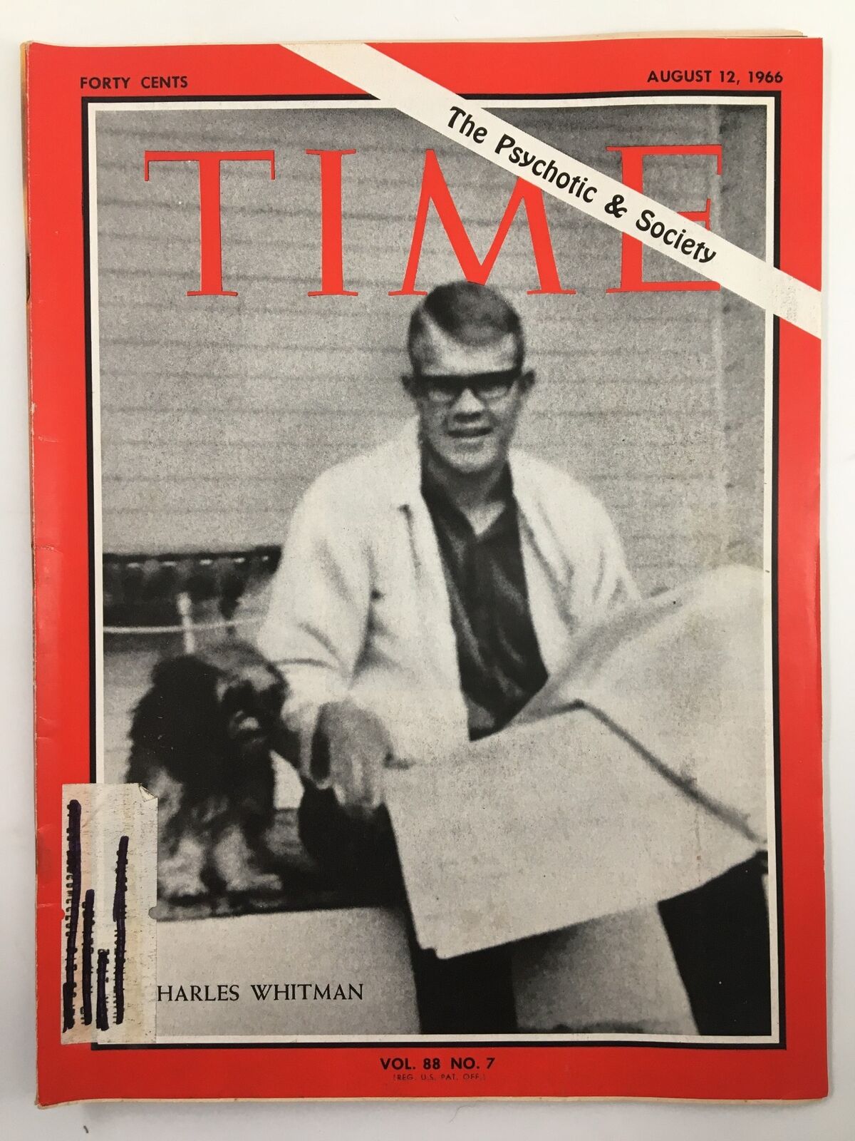 Cover of VTG Time Magazine from August 12, 1966, Vol 88 #7 featuring Charles Whitman, depicting a man in glasses holding a magazine, with a small dog at his feet, and the headline 'The Psychotic & Society'.