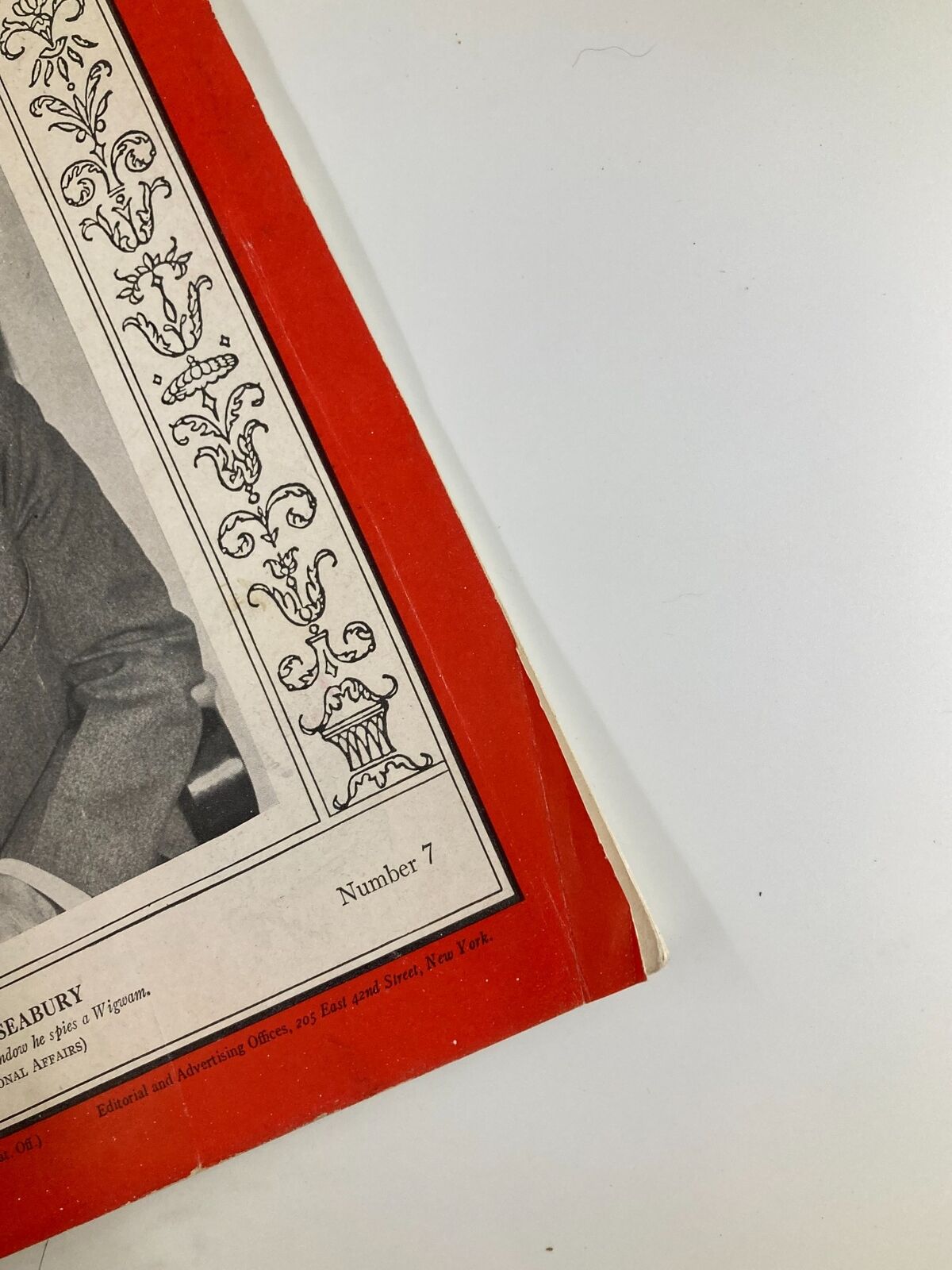 Close-up of the corner of VTG Time Magazine August 17 1931 Vol 18 No. 7, highlighting the edges and vintage wear.