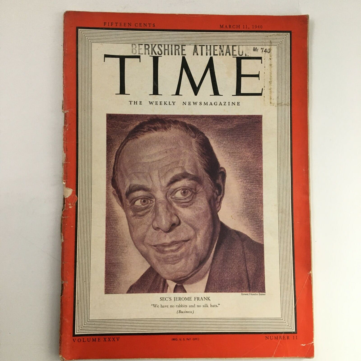 Cover of Time Magazine dated March 11, 1940, featuring American philosopher Jerome Frank, Volume 35, Issue #11, with vintage appeal.