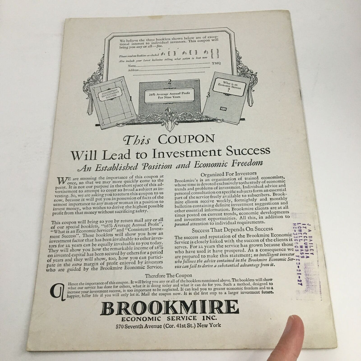Back cover of VTG Time Magazine August 9, 1926, featuring an advertisement for Brookmire Economic Service, reflective of the era's marketing style.
