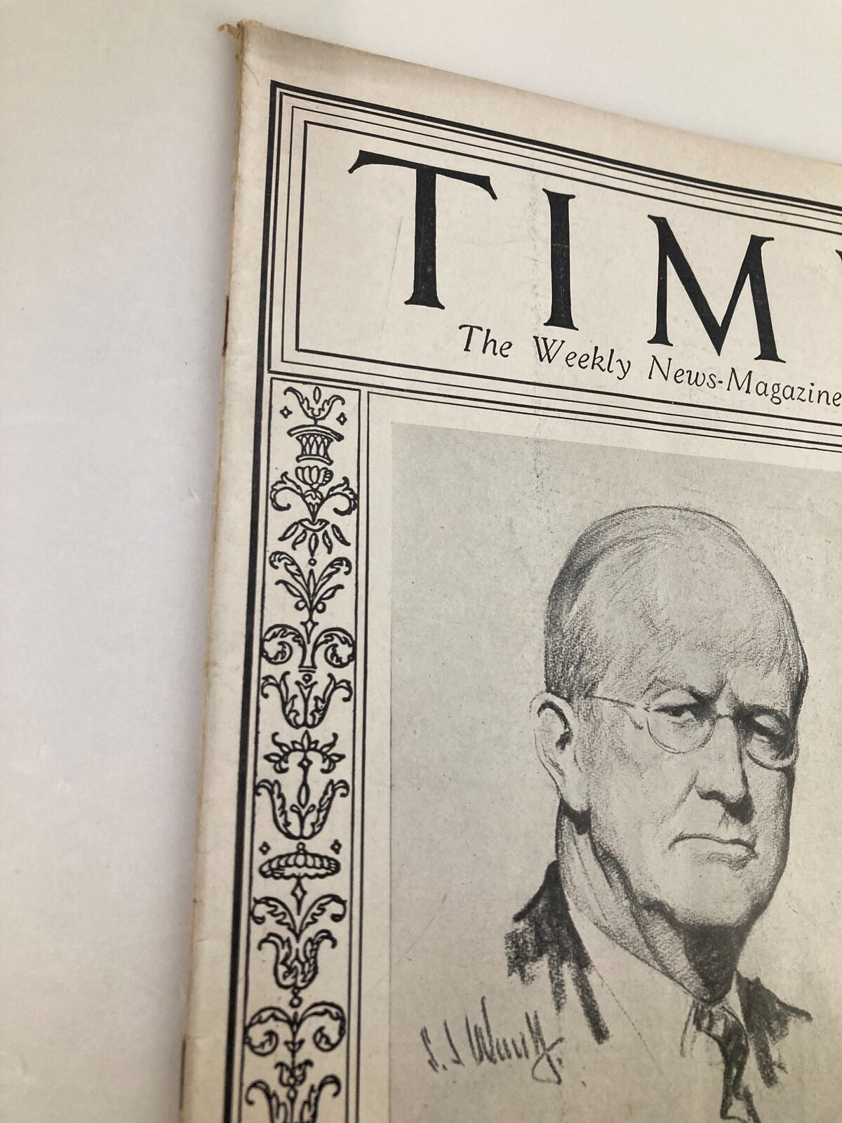 Close-up view of the front cover of VTG Time Magazine August 16 1926 Vol 8 #7 featuring a sketch of Arthur Brisbane, with decorative border and magazine title.