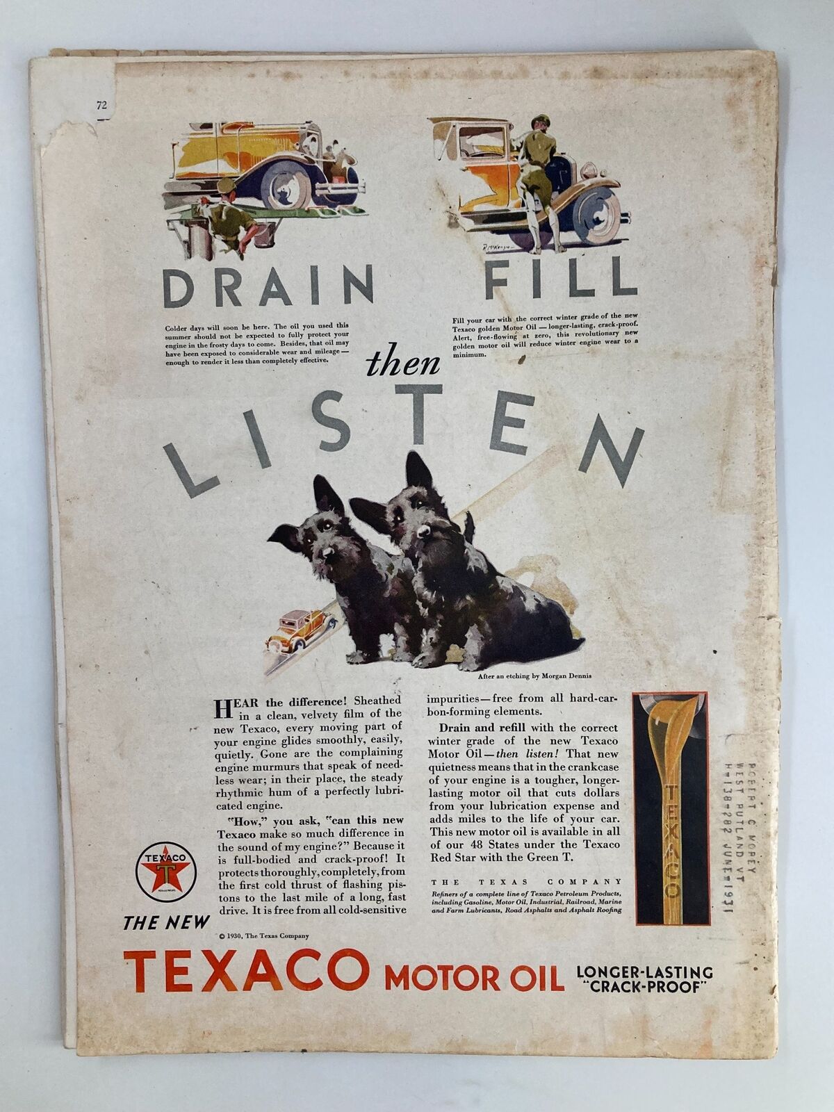 Vintage advertisement for Texaco Motor Oil featured in VTG Time Magazine November 24 1930, showcasing motor maintenance with illustrations of cars and dogs.