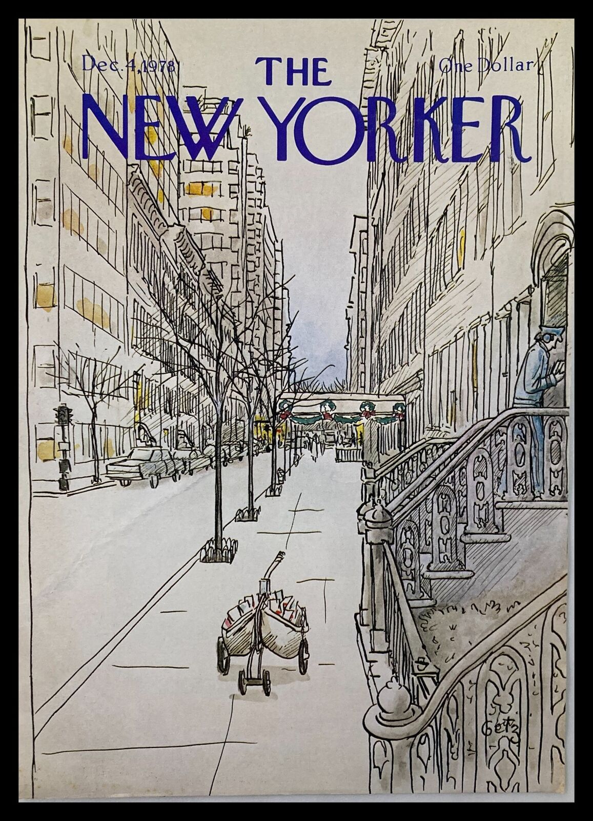 COVER ONLY The New Yorker December 4 1978 Mailman by Arthur Getz, showcasing a charming urban street scene with trees lining the sidewalk and a mail cart in the foreground.