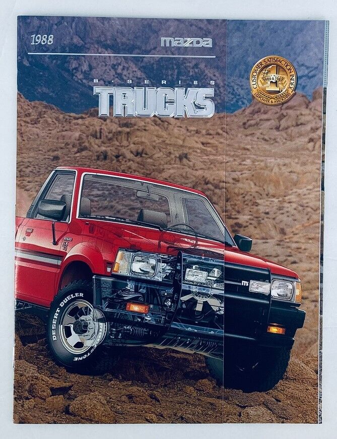 1988 Mazda B-Series Trucks Dealer Showroom Sales Brochure featuring a red Mazda truck against a scenic desert backdrop.