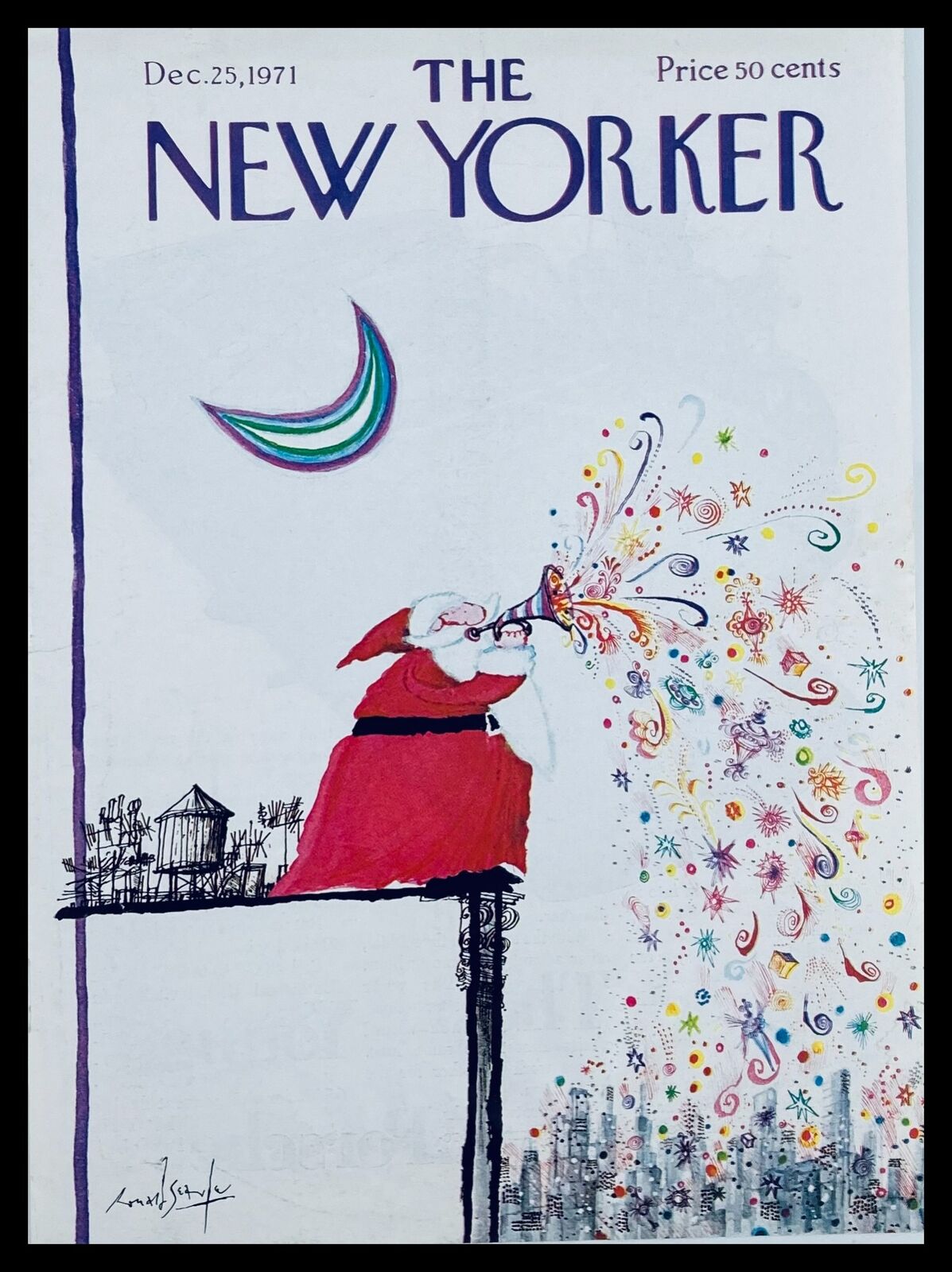 COVER ONLY The New Yorker December 25 1971 Santa & Horn by Ronald Searle, featuring a vibrant Santa playing a horn with colorful music notes in a festive winter setting.