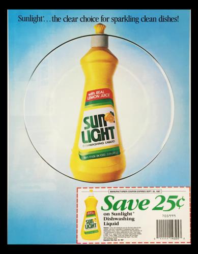 1987 Sunlight Lemon Dishwashing Liquid Circular Coupon Advertisement featuring a bright yellow bottle of dishwashing liquid with a vibrant design and an expired coupon offer, showcasing retro 1980s advertising style.