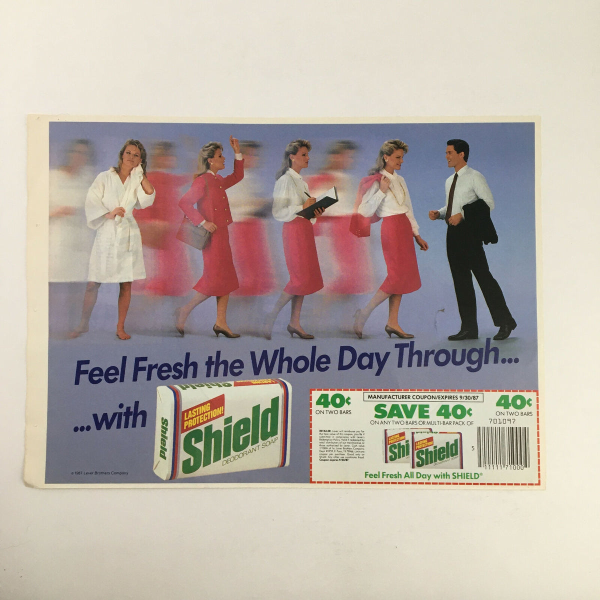 1987 Shield Deodorant Soap Circular Coupon Advertisement displaying multiple women in stylish outfits, promoting freshness and featuring a coupon for saving money on the product, reflecting 1980s marketing trends.