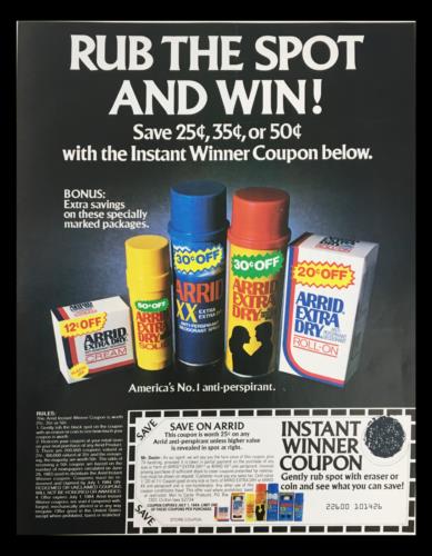 Instant Winner Coupon advertisement for Arrid Extra Dry, featuring various deodorant products and promotional savings, emphasizing a fun and interactive coupon opportunity.