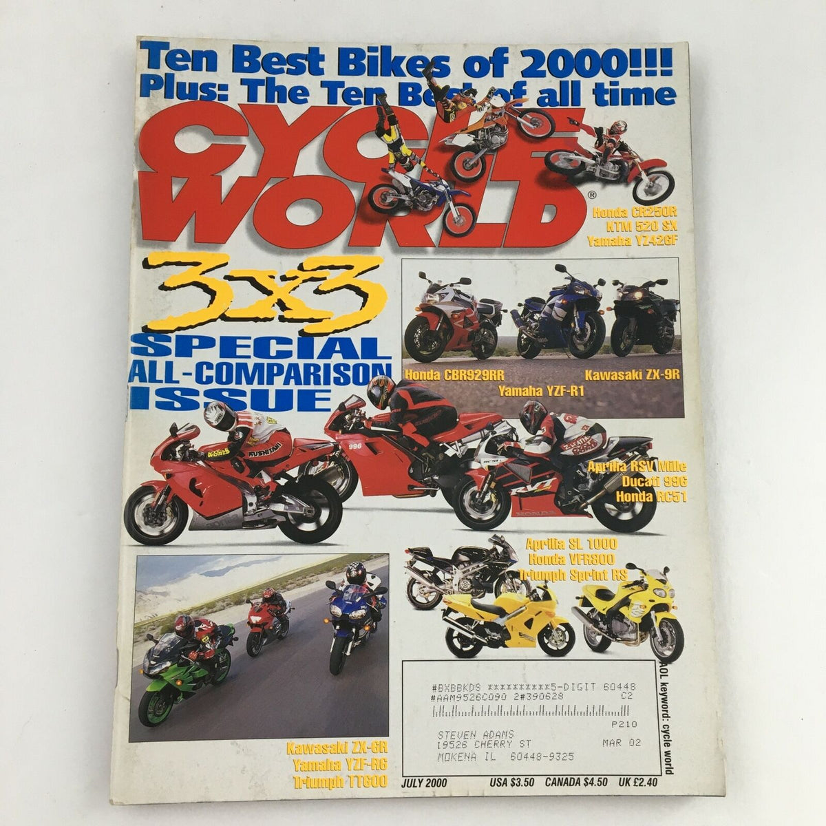 Cycle World Magazine July 2000 cover featuring the Honda CBR929RR, Yamaha YZF-R1, and Kawasaki ZX-9R alongside other iconic motorcycles. This special all-comparison issue highlights the ten best bikes of 2000, making it a collectible for motorcycle enthusiasts.
