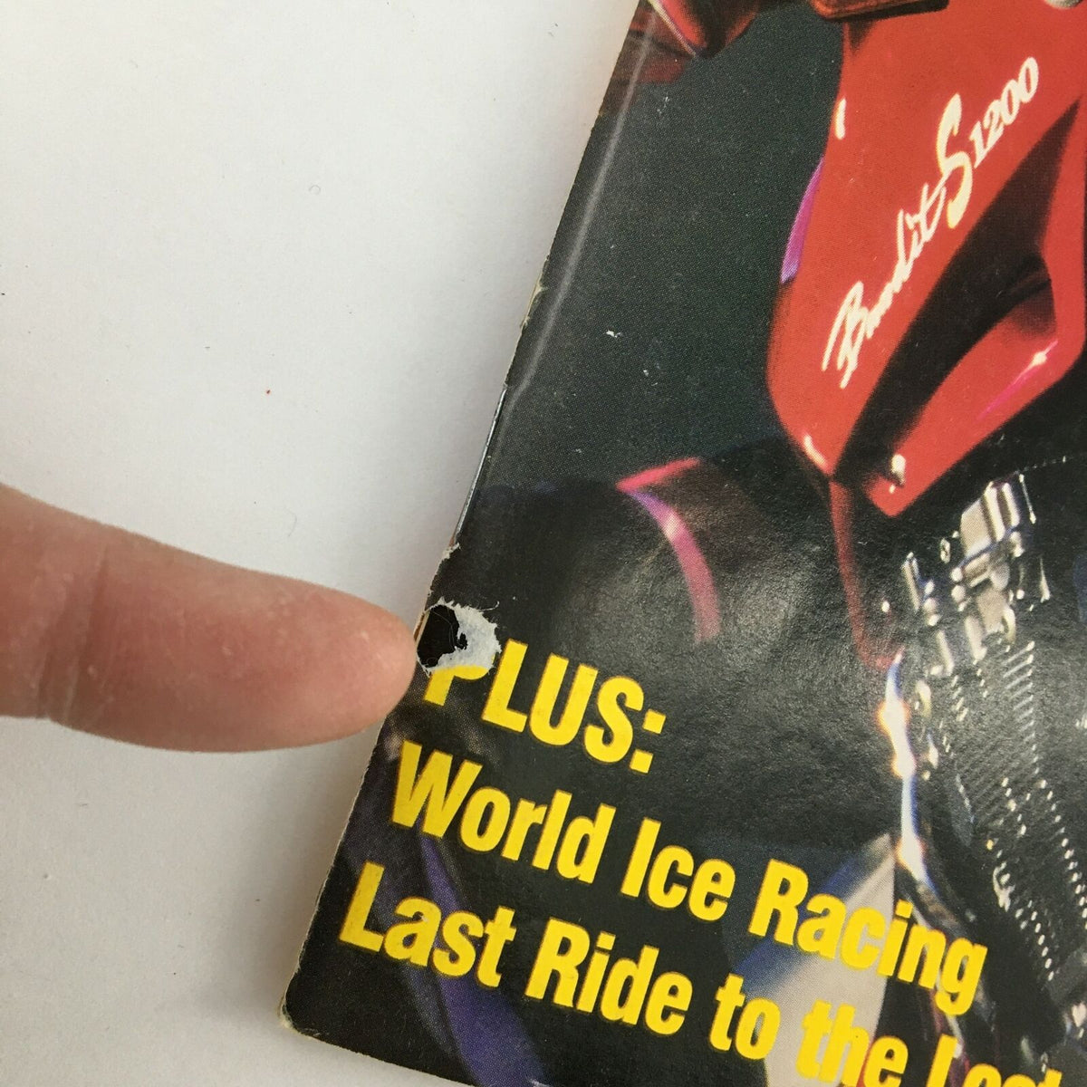 Close-up of Cycle World Magazine August 1998 showing corner damage and informative text about motorcycle features, highlighting the Suzuki Bandit 1200.