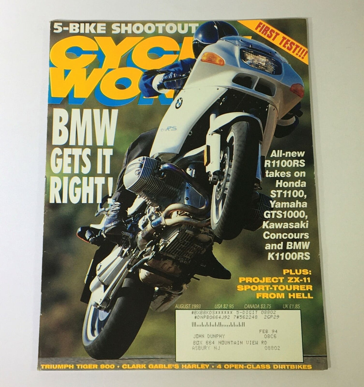 Cycle World Magazine August 1993 cover featuring a BMW R1100RS motorcycle in action. The cover includes text highlighting a comparison with Honda ST1100, Yamaha GTS1000, and more, emphasizing its vintage motorcycle culture significance.