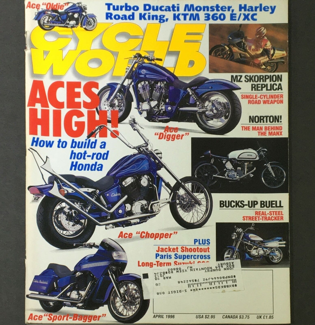 Cycle World Magazine April 1996 cover featuring a Turbo Ducati Monster, Harley Road King, and KTM 360 E/XC, with additional motorcycles and articles highlighted. Perfect for motorcycle enthusiasts and collectors.