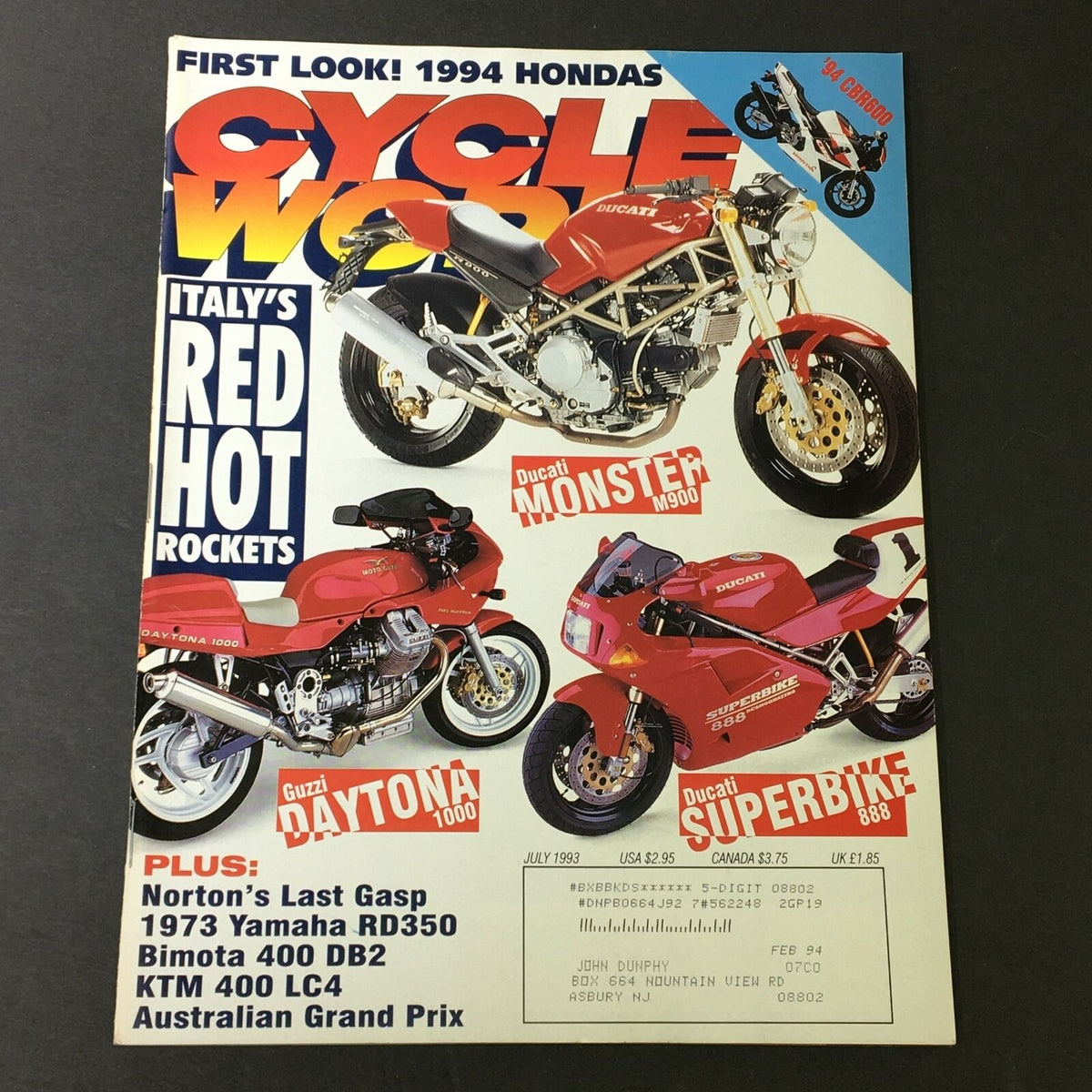 Cycle World Magazine July 1993 featuring Ducati Monster M900 and Guzzi Daytona 1000 on the cover, showcasing iconic motorcycles and offering insights into the motorcycle culture of the early '90s.