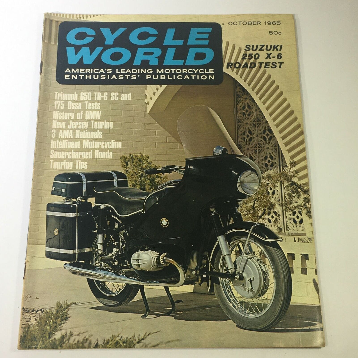 VTG Cycle World Magazine Cover from October 1965 featuring a detailed Suzuki 250 X-6 Road Test and Triumph 650, showcasing vintage motorcycle culture.