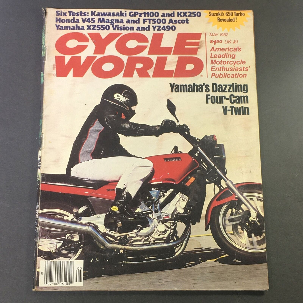 Cover of VTG Cycle World Magazine May 1982 featuring a rider on a motorcycle, showcasing the Kawasaki GPz1100 and Honda V45 Magna, highlighting Yamaha’s dazzling four-cam V-Twin.