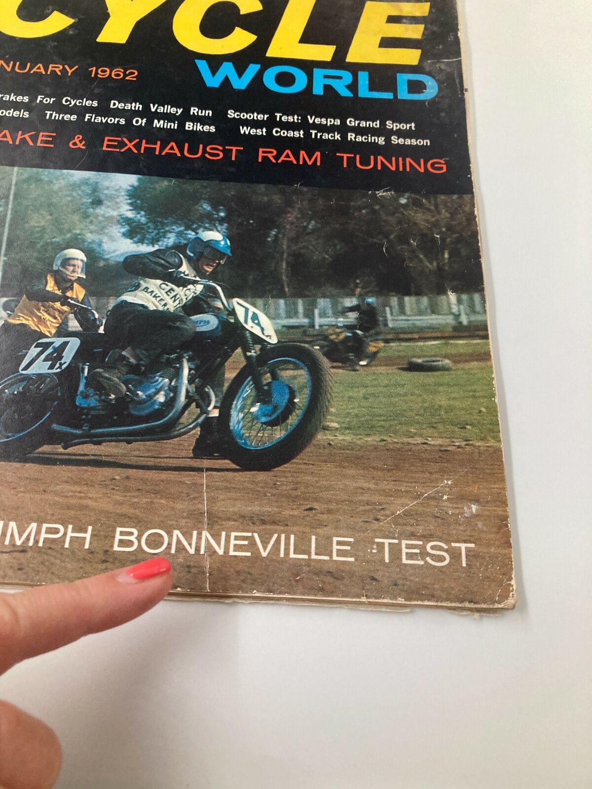 Cover of Cycle World Magazine 1st Issue January 1962, featuring a Triumph Bonneville Test. The cover shows two motorcyclists on a dirt track, highlighting the iconic motorcycle culture of the early 1960s.