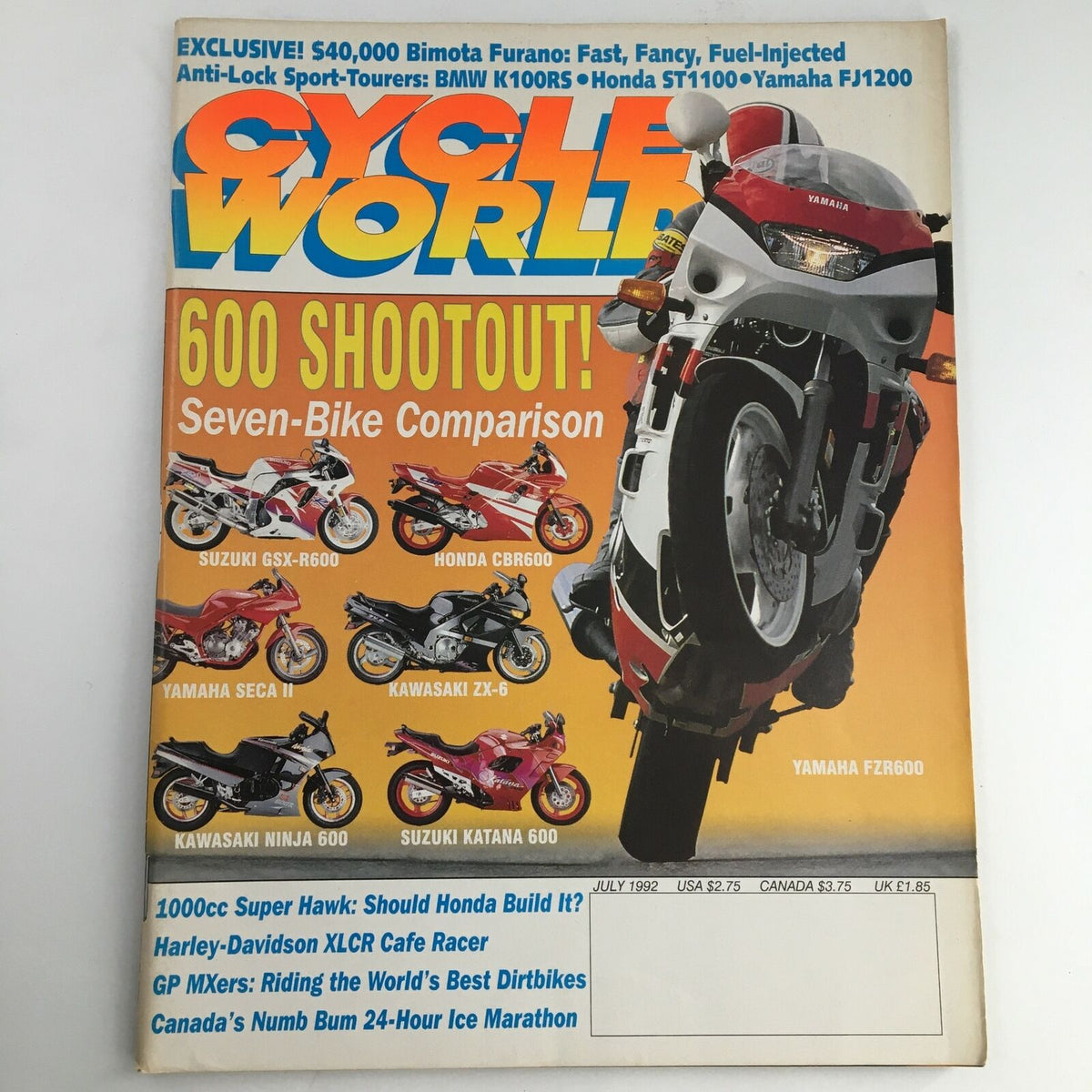 Cycle World Magazine July 1992 cover featuring a Yamaha FZR600 motorcycle along with Suzuki GSX-R600, Honda CBR600, Kawasaki ZX-6, and other bikes in a seven-bike comparison. The magazine highlights motorcycle culture from the early '90s.