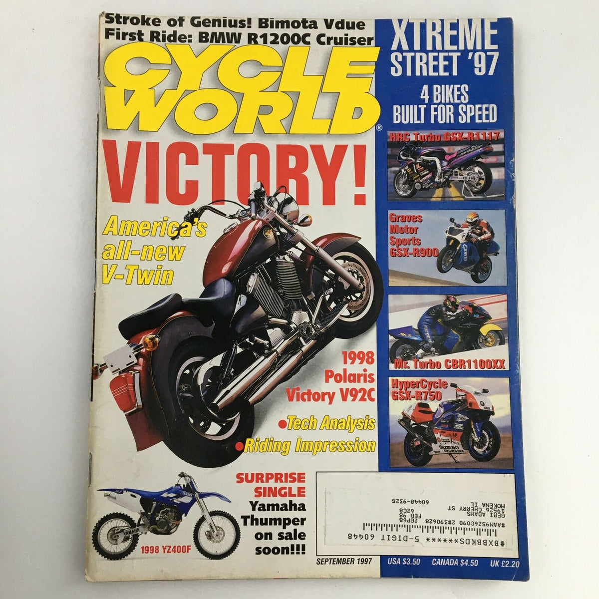 Cover of Cycle World Magazine September 1997 featuring Bimota Vdue and BMW R1200C Cruiser with bold headlines, showcasing motorcycle innovations and a vintage appeal.