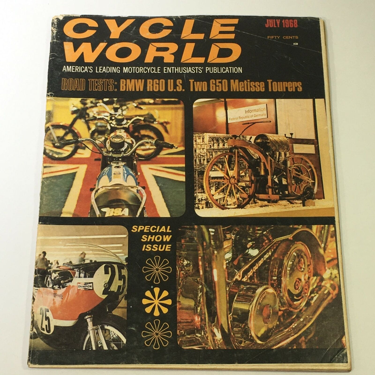 Cover of VTG Cycle World Magazine July 1968 featuring BMW R60 U.S. and two 650 Metisse Tourers, showcasing motorcycle tests and classic design.