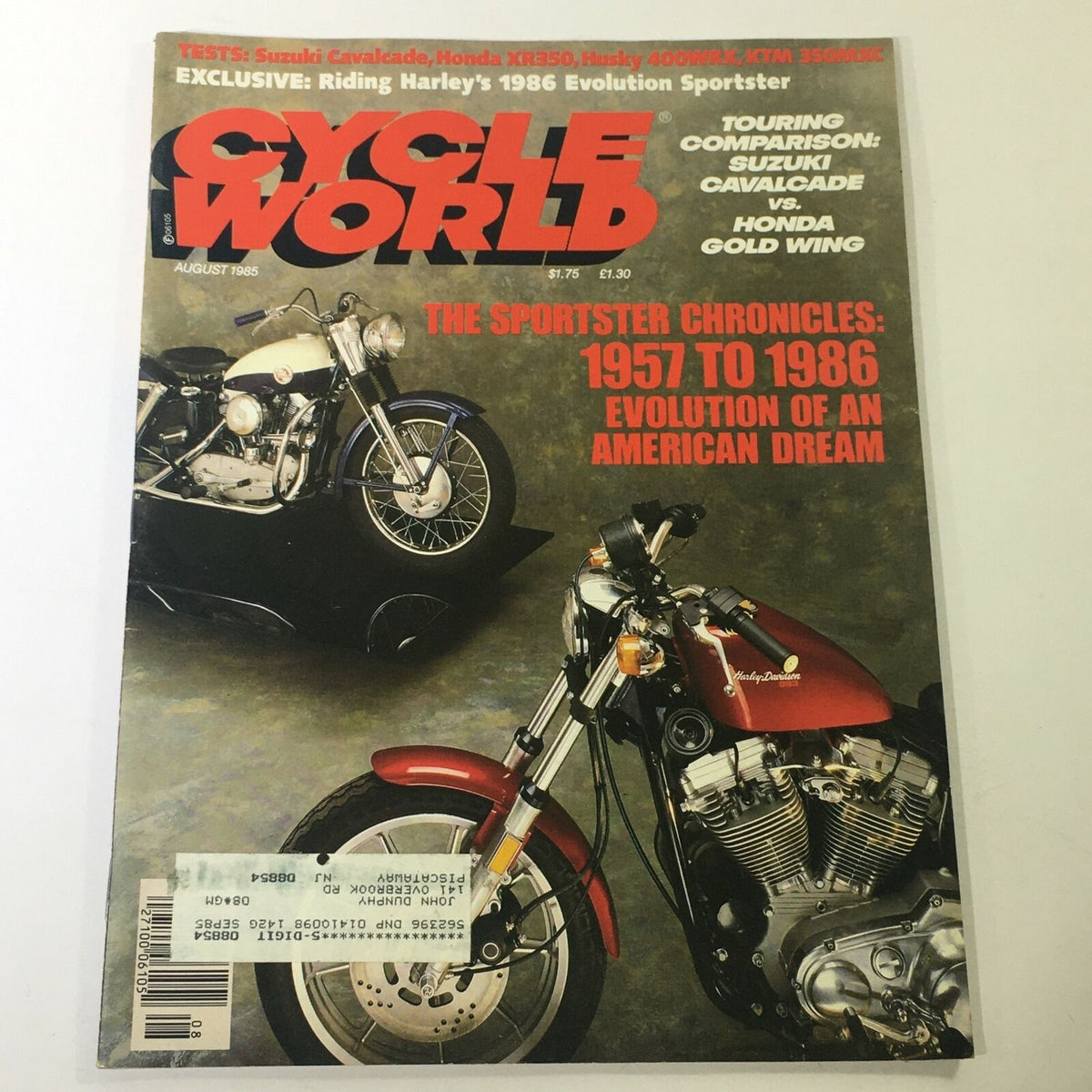 Cover of Cycle World Magazine August 1985 featuring a touring comparison between Suzuki Cavalcade and Honda Gold Wing, showcasing illustrations of various motorcycle models.