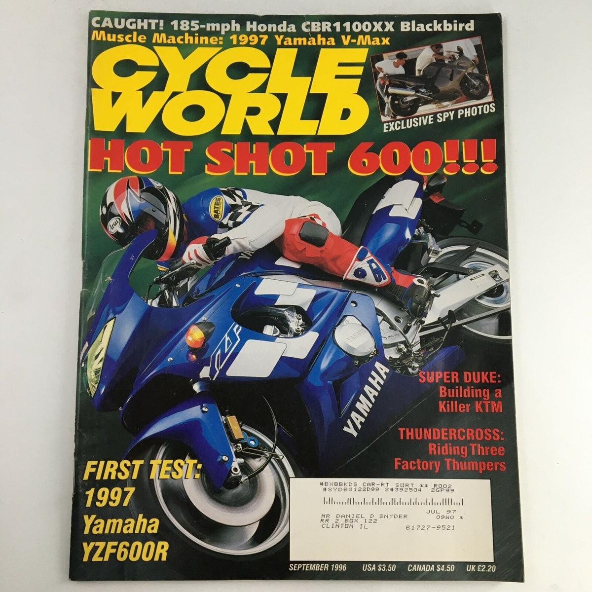 Cycle World Magazine September 1996 featuring the first test of the Yamaha YZF600R, showcasing a vibrant cover with a blue Yamaha motorcycle, a rider in racing gear, and bold text highlighting the magazine's content on sportbikes.