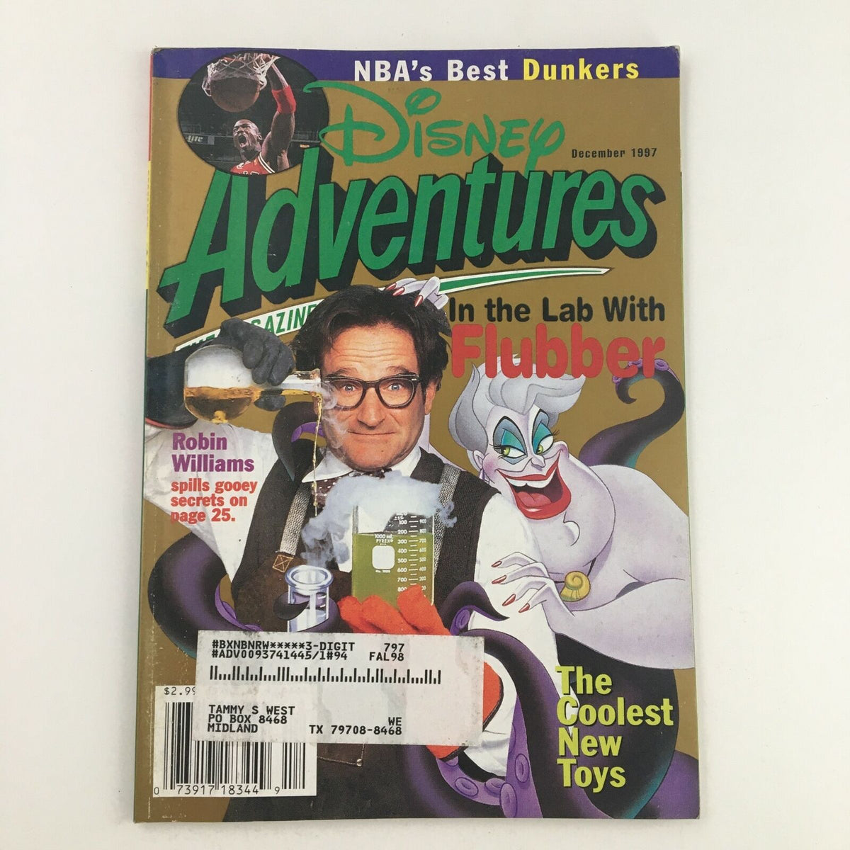 Disney Adventures Magazine December 1997 cover featuring Robin Williams in the Lab with Flubber and Disney villains. Ideal collectible for Disney fans and vintage magazine enthusiasts.