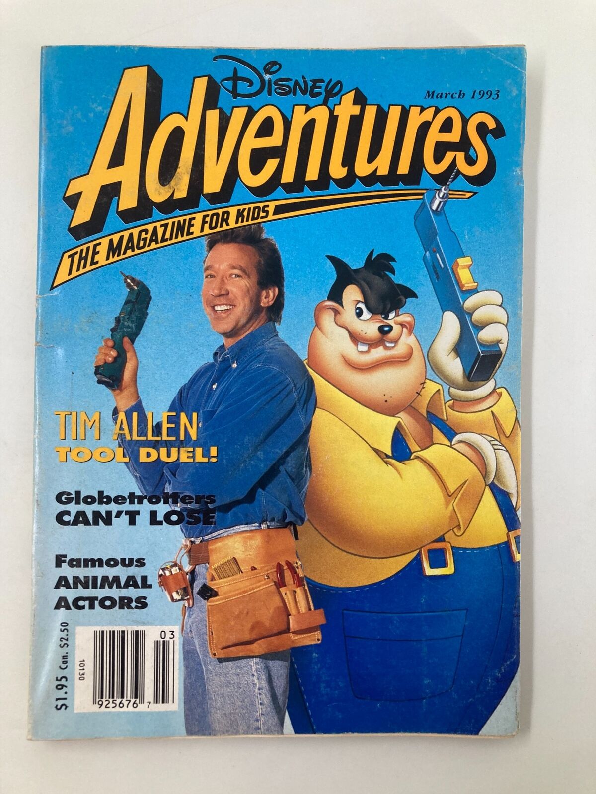 Cover of Disney Adventures Magazine, March 1993 featuring Tim Allen and cartoon character promoting the 'Tool Duel' theme, iconic for 90s nostalgia.