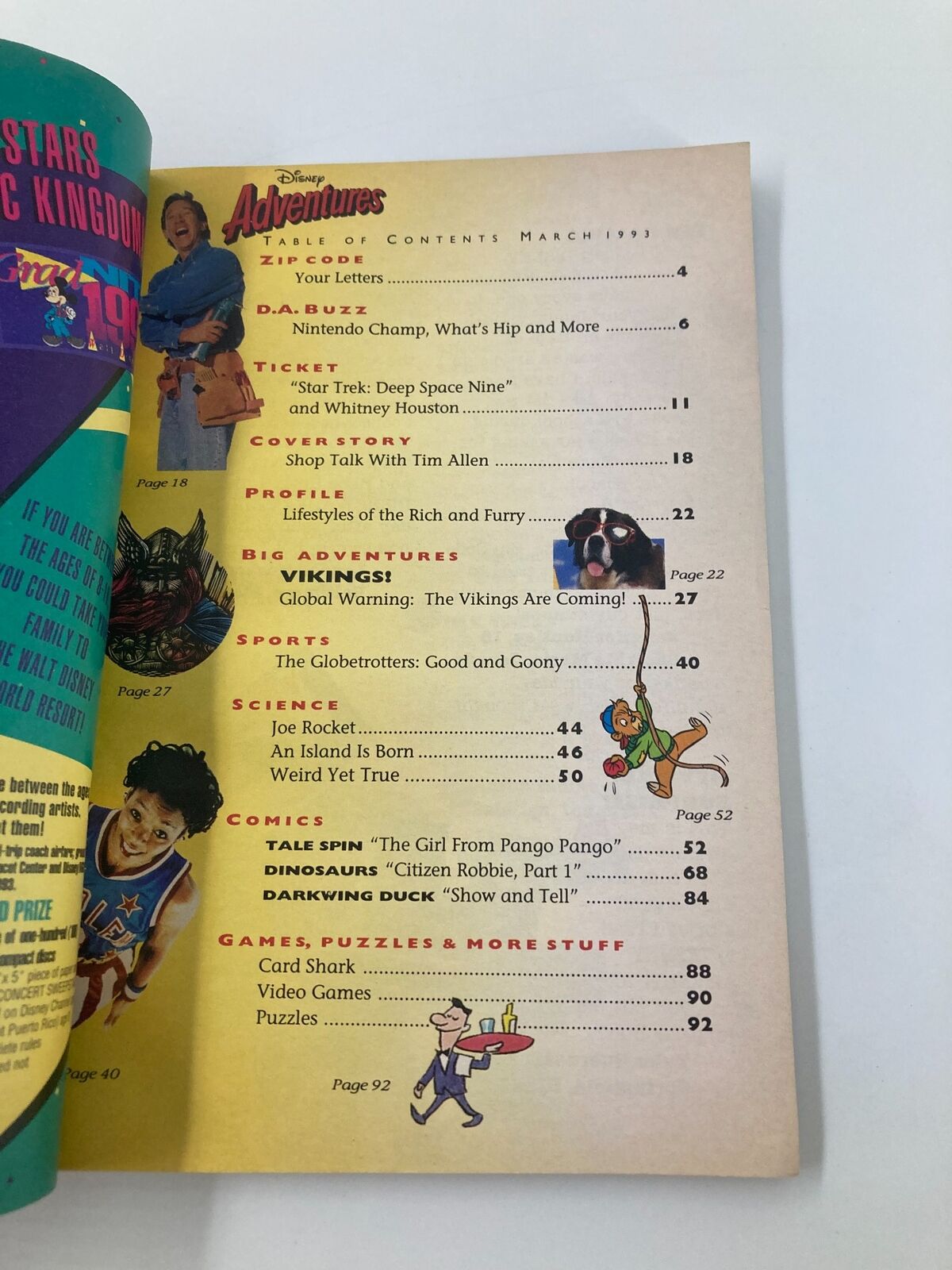 Table of contents page from Disney Adventures Magazine, March 1993, showcasing featured articles including Tim Allen and various kids topics.