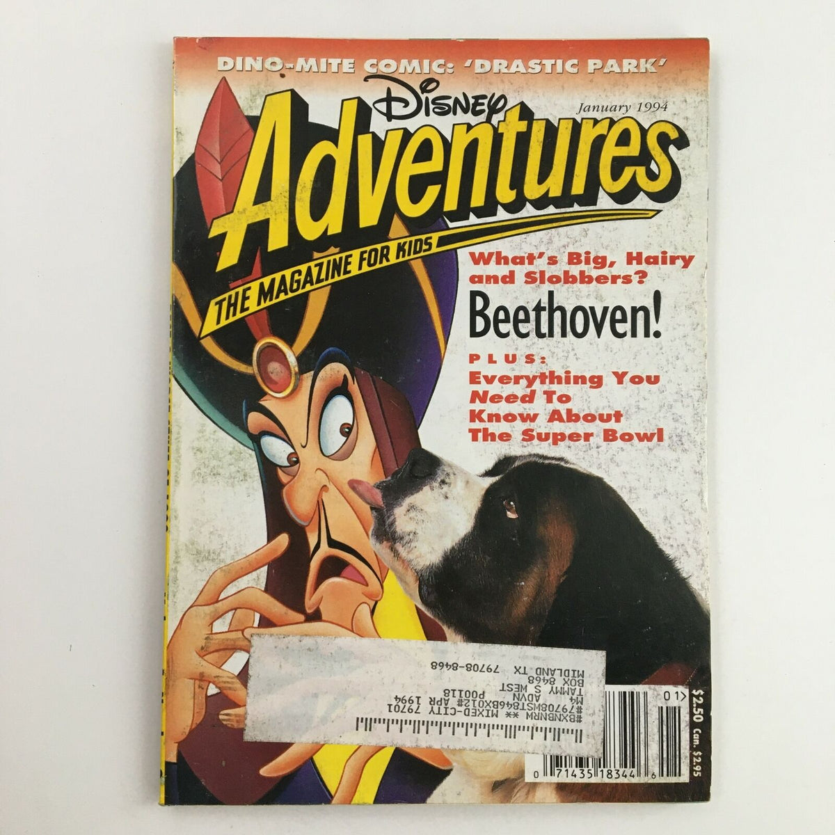 Disney Adventures Magazine January 1994 featuring Jafar from Aladdin and Beethoven on the cover, showcasing vibrant artwork and nostalgic Disney themes.