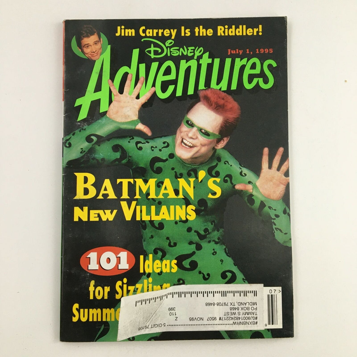 Cover of Disney Adventures Magazine July 1, 1995 featuring Jim Carrey as the Riddler in a vibrant green costume with question marks, promoting Batman's new villains and summer activities.