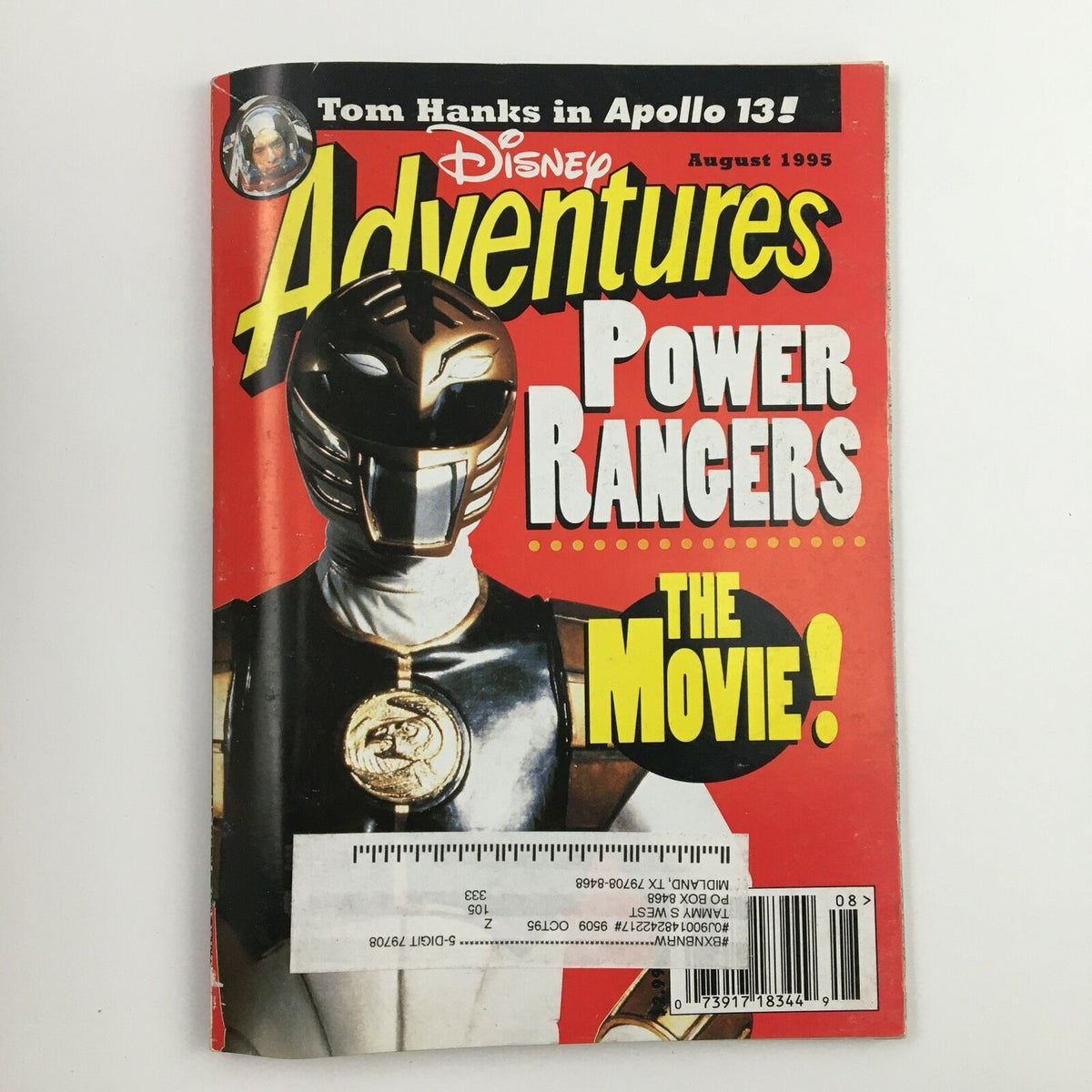 Cover of Disney Adventures Magazine August 1995 featuring Tom Hanks in Apollo 13 and the Power Rangers Movie, showcasing a Power Ranger character in a dynamic pose with vibrant red background.