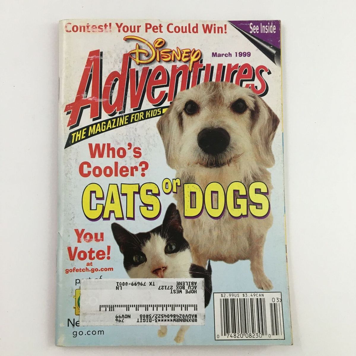 Disney Adventures Magazine March 1999 cover featuring a cute dog and cat, promoting a contest where pets could win prizes. The magazine showcases vibrant designs and nostalgic themes appealing to children and collectors.