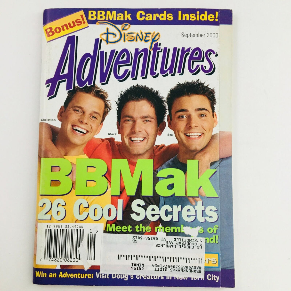 Cover of Disney Adventures Magazine, September 2000 featuring BBMak and the title 'BBMak 26 Cool Secrets' with vibrant colors and images of Christian, Mark, and Ste.