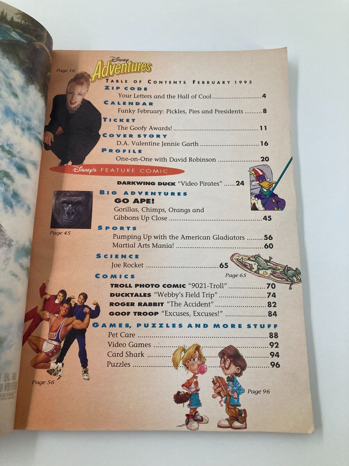 Disney Adventures Magazine February 1993 table of contents featuring Jennie Garth, David Robinson, and entertainment sections like The Goofy Awards and Darkwing Duck comic.