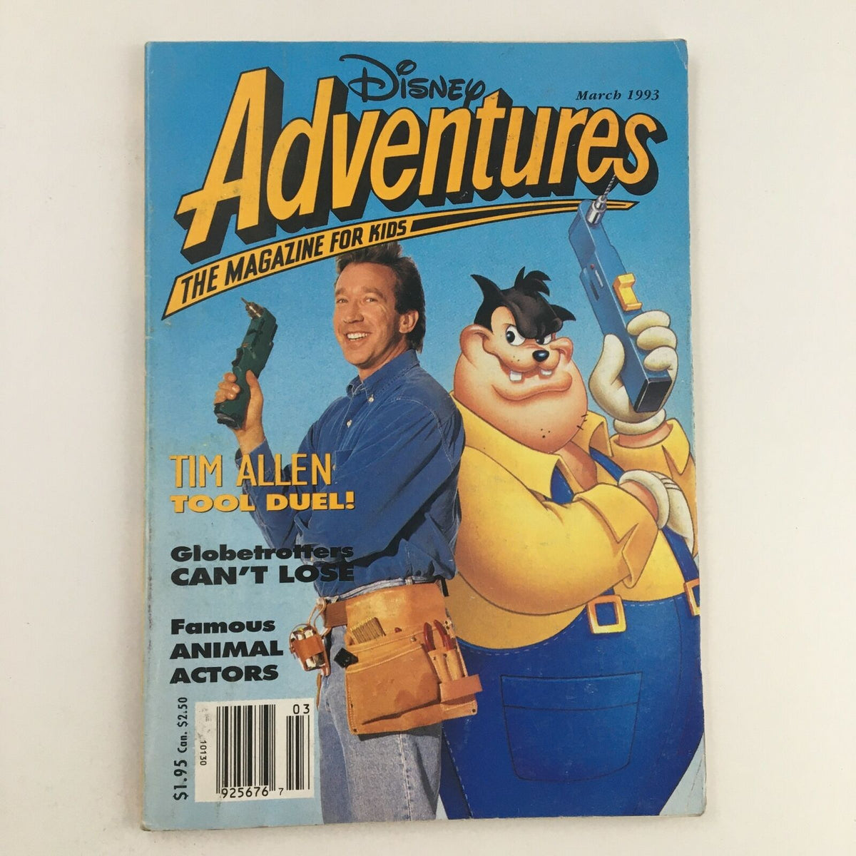 Disney Adventures Magazine from March 1993 featuring Tim Allen in a blue shirt holding a tool for "Tool Duel" along with a cartoon character dressed as a handyman. The magazine cover highlights features like animal actors and globetrotting adventures, making it a nostalgic item for Disney fans.