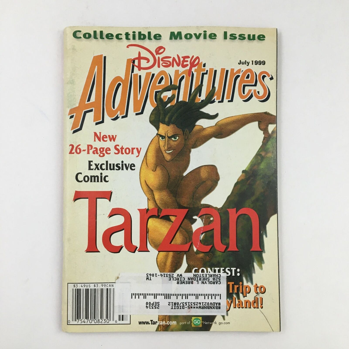 Cover image of Disney Adventures Magazine, July 1999 edition, featuring an exclusive 26-page comic story on Tarzan. The magazine highlights vibrant artwork and nostalgic references to Disney's animated classics.