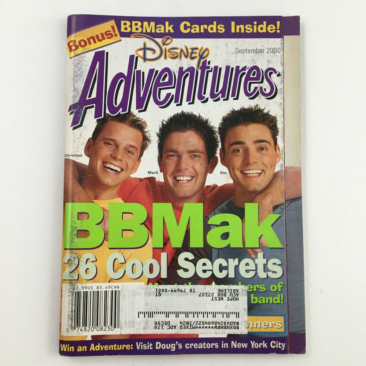 Cover of Disney Adventures Magazine from September 2000 featuring BBMak, highlighting the band members Mark, Stephen, and Christian, with a note about bonus BBMak cards inside.
