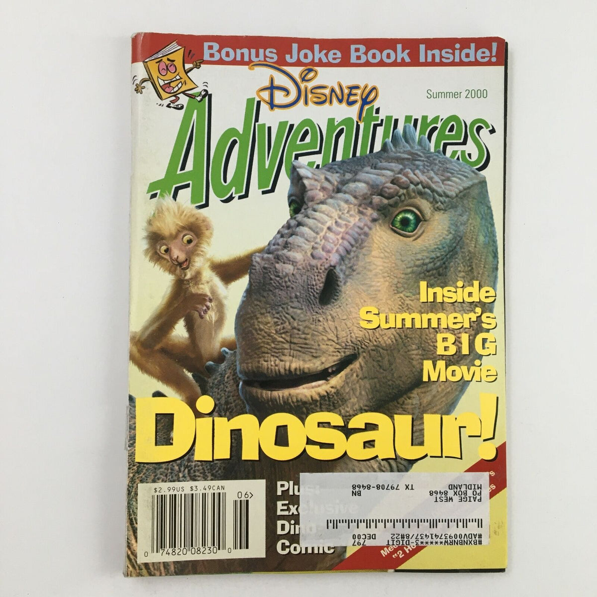 Cover of Disney Adventures Magazine Summer 2000 featuring characters from the movie Dinosaur, showcasing vibrant artwork and a humorous bonus joke book inside.