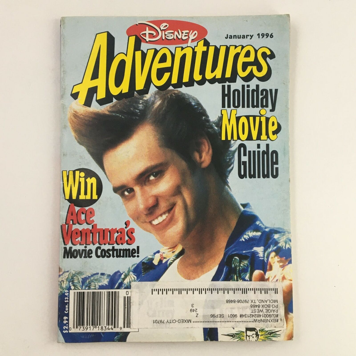 Cover of Disney Adventures Magazine from January 1996 featuring Jim Carrey as Ace Ventura, with a bright design and a greeting to win Ace Ventura's movie costume.