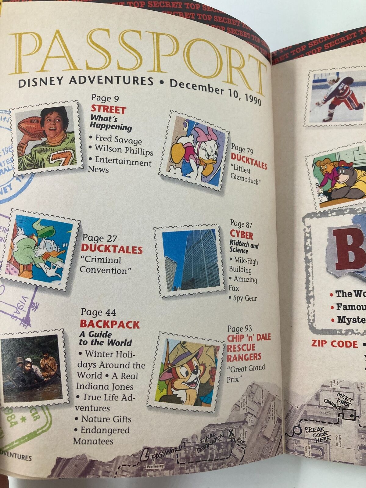 Inside page of Disney Adventures Magazine December 10, 1990, showcasing a table of contents titled 'Passport' with features on Fred Savage, DuckTales, and other fun activities for children.