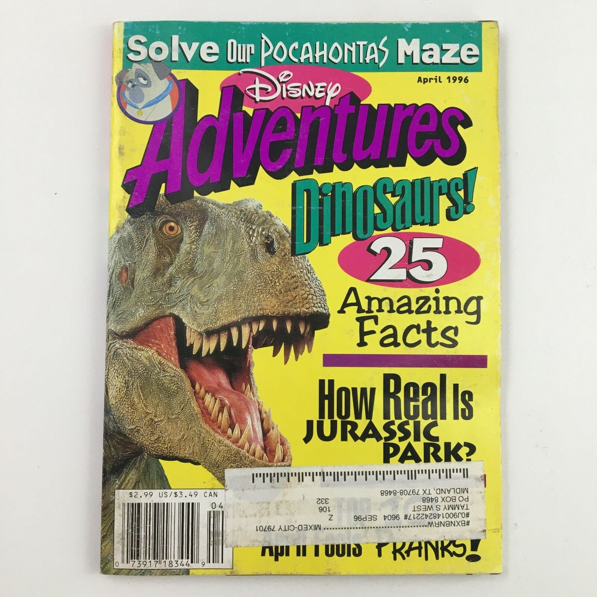 Cover of Disney Adventures Magazine April 1996 featuring a dinosaur and the headline 'Dinosaurs! 25 Amazing Facts' alongside hints about Pocahontas.
