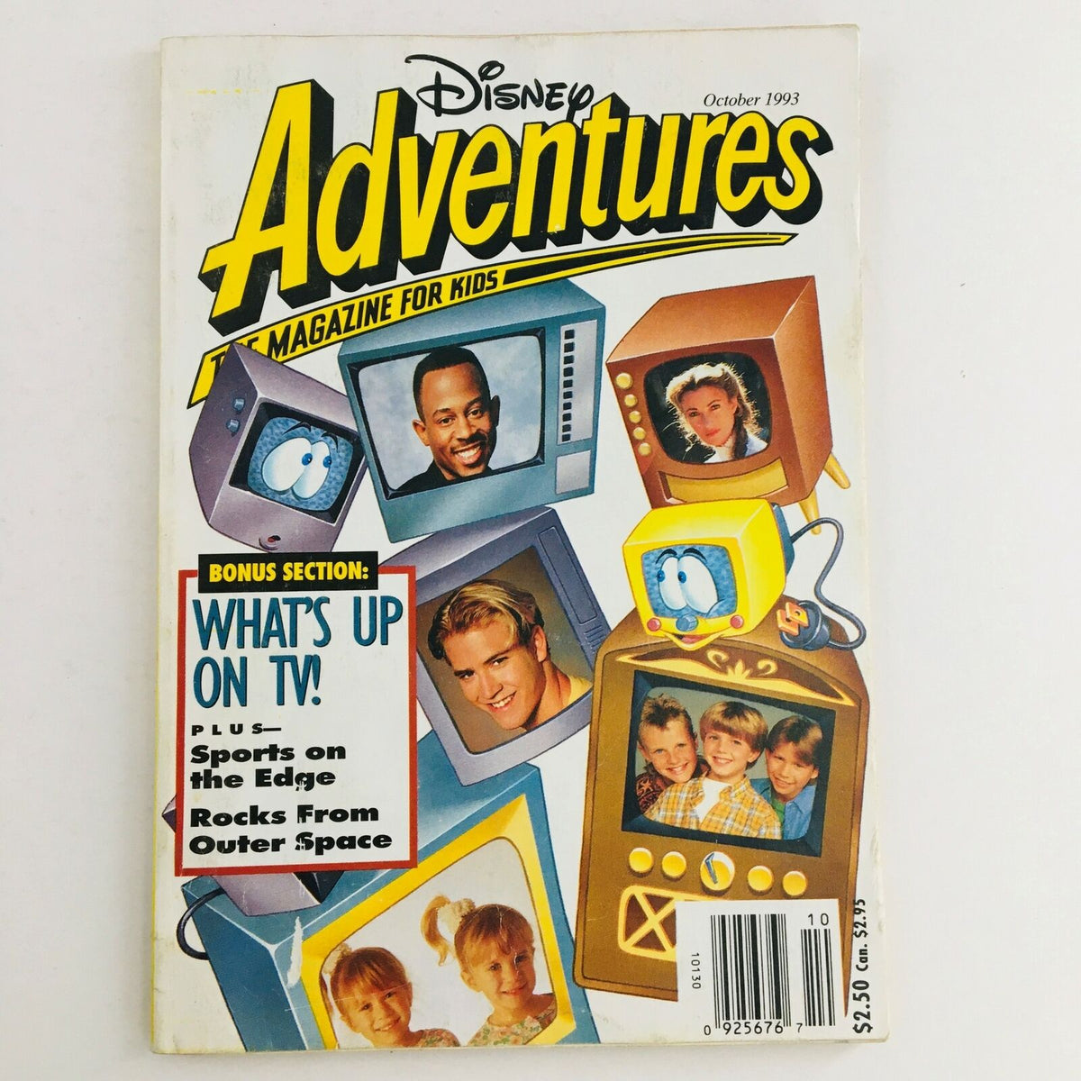 Cover of Disney Adventures Magazine from October 1993 featuring comedian Martin Lawrence and vibrant illustrations surrounding retro television sets. The magazine includes a bonus section titled 'What's Up on TV?' and highlights various entertainment topics for kids.