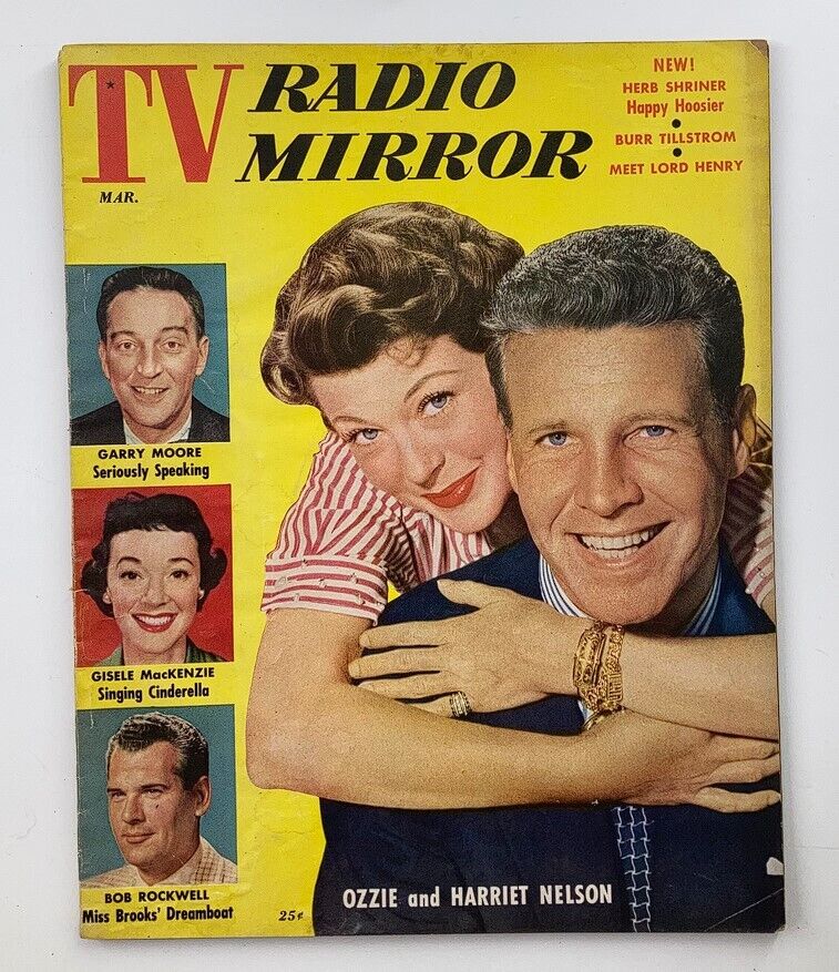 VTG TV Radio Mirror Magazine March 1955 Cover featuring Ozzie and Harriet Nelson with colorful layout and additional personalities showcased including Garry Moore, Giselle MacKenzie, and Bob Rockwell.