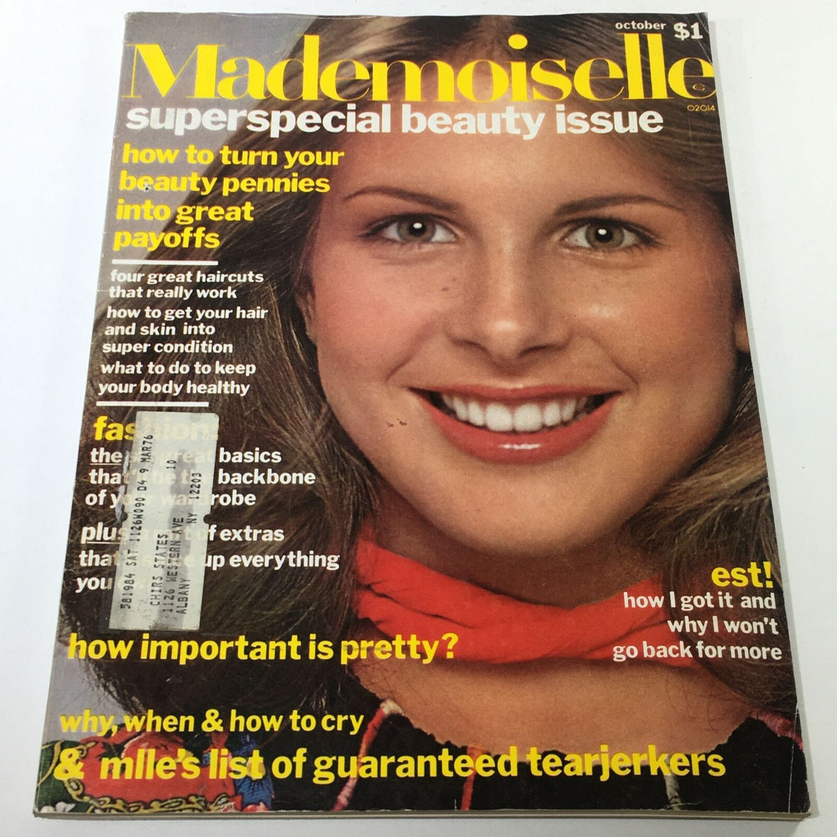 VTG Mademoiselle Magazine from October 1975 featuring a Super Special Beauty cover, highlighting beauty trends with a smiling model and vibrant retro design.